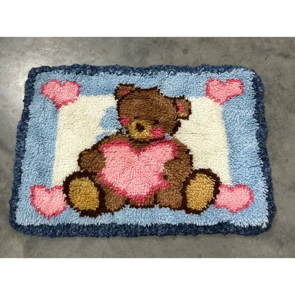Teddy Bear and Hearts, Rug, Floor Mat, Latch Hook, Handmade, ~ 250507-WH 540